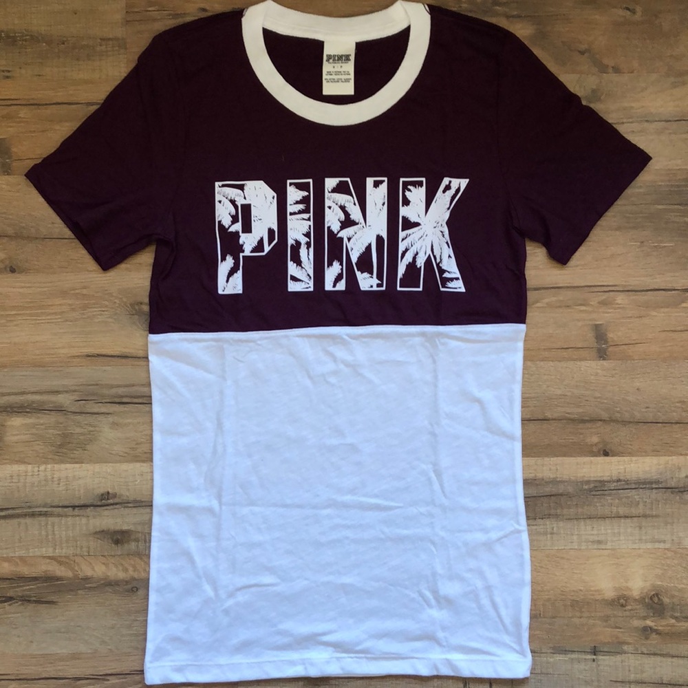 PINK Victoria's Secret Two-Tone Maroon and White Short Sleeve Tee